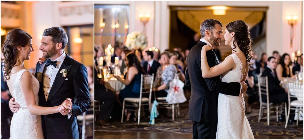 Bride and groom sharing their first dance at their Ben Franklin Ballroom wedding reception