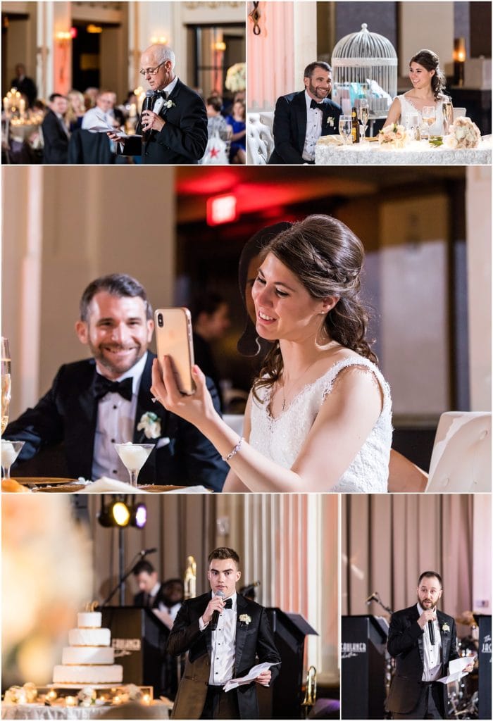 Toasts offered during wedding reception, including a FaceTime call from pregnant Matron of Honor in Spain