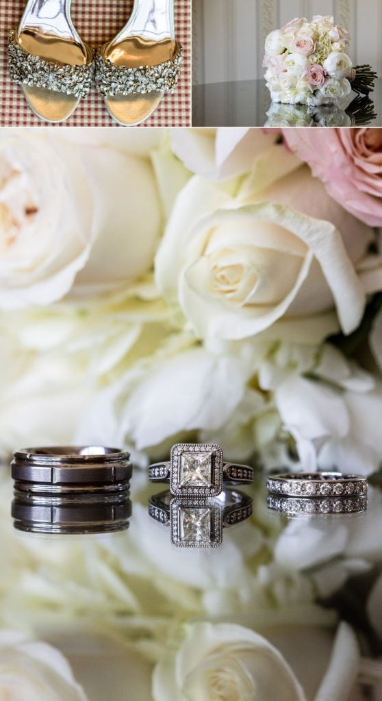 Beautiful details of wedding rings from Penny Jewelers with shoes from Badgley Mischka and Bouquet from Petals Lane Van Cleve wedding dress, Badgley Mischka bridal shoes and Petals Lane Bouquet | Ashley Gerrity Photography www.ashleygerrityphotography.com