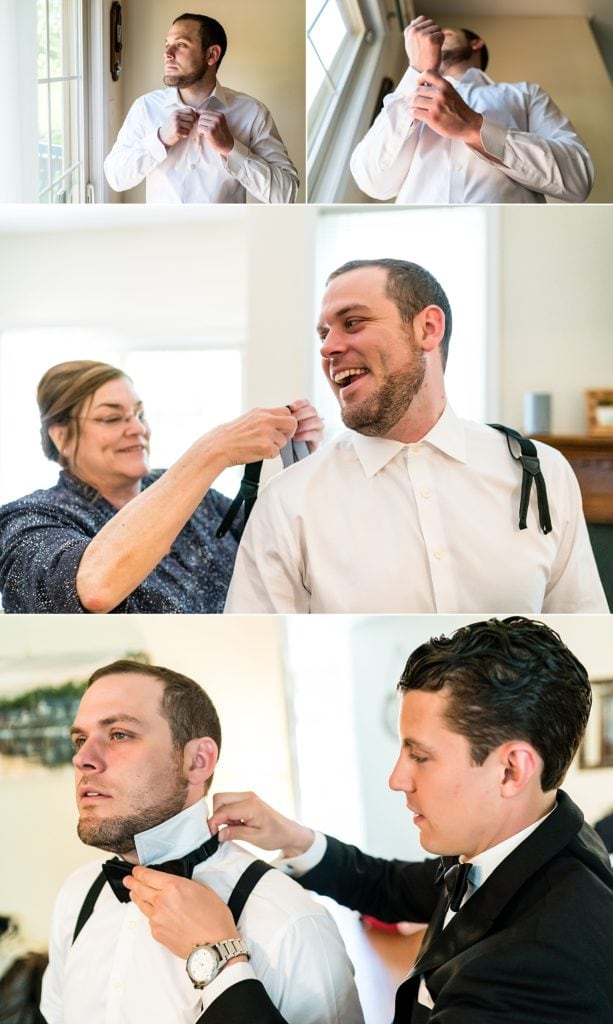 Groom putting on his suit from The Black Tux | Ashley Gerrity Photography www.ashleygerrityphotography.com