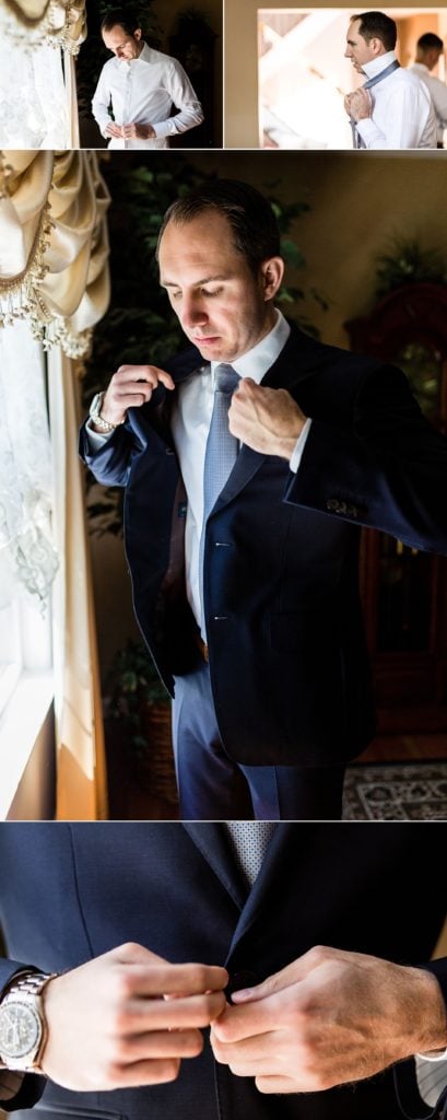 Groom putting on his suit from Suit Supply | Ashley Gerrity Photography www.ashleygerrityphotography.com