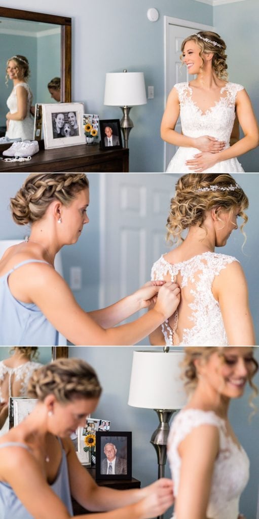 Bridesmaid helping bride to put on her Essence of Australia dress from Sposabella | Ashley Gerrity Photography www.ashleygerrityphotography.com