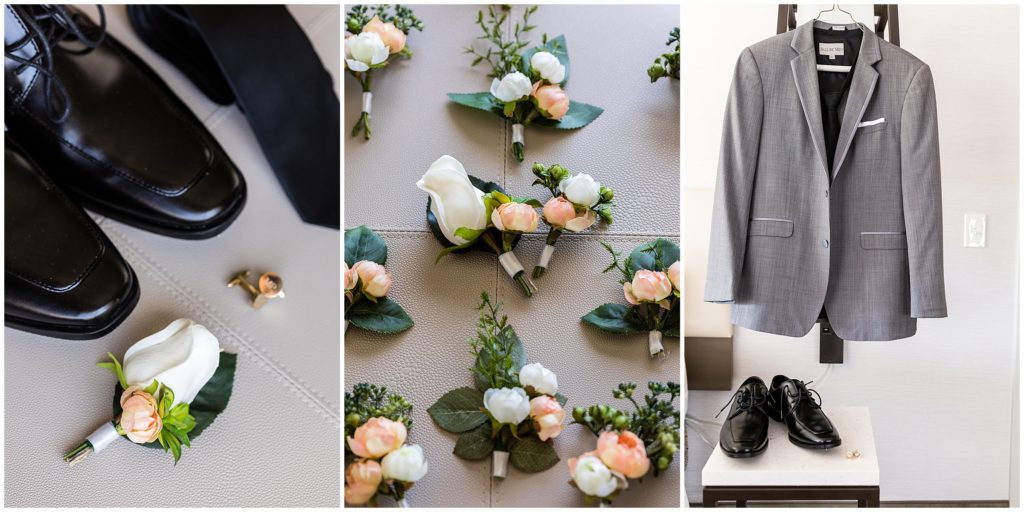 groom details with shoes, jacket, boutonnières, and cufflinks