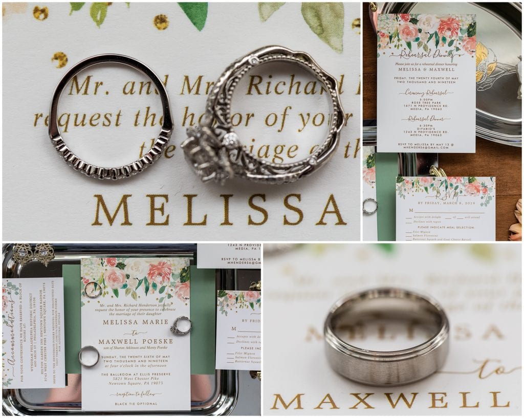 engagement rings and wedding rings over names on invitation details