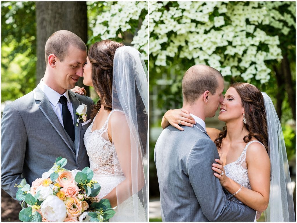 intimate bride and groom portraits with bride kissing grooms nose