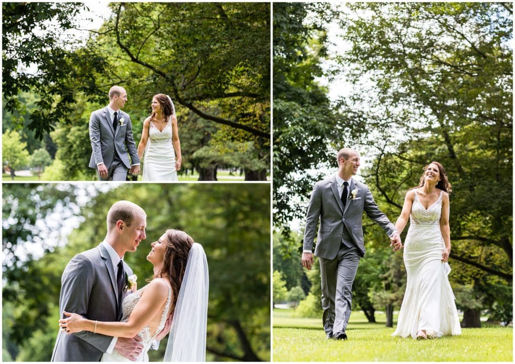 romantic bride and groom walking and embracing each other