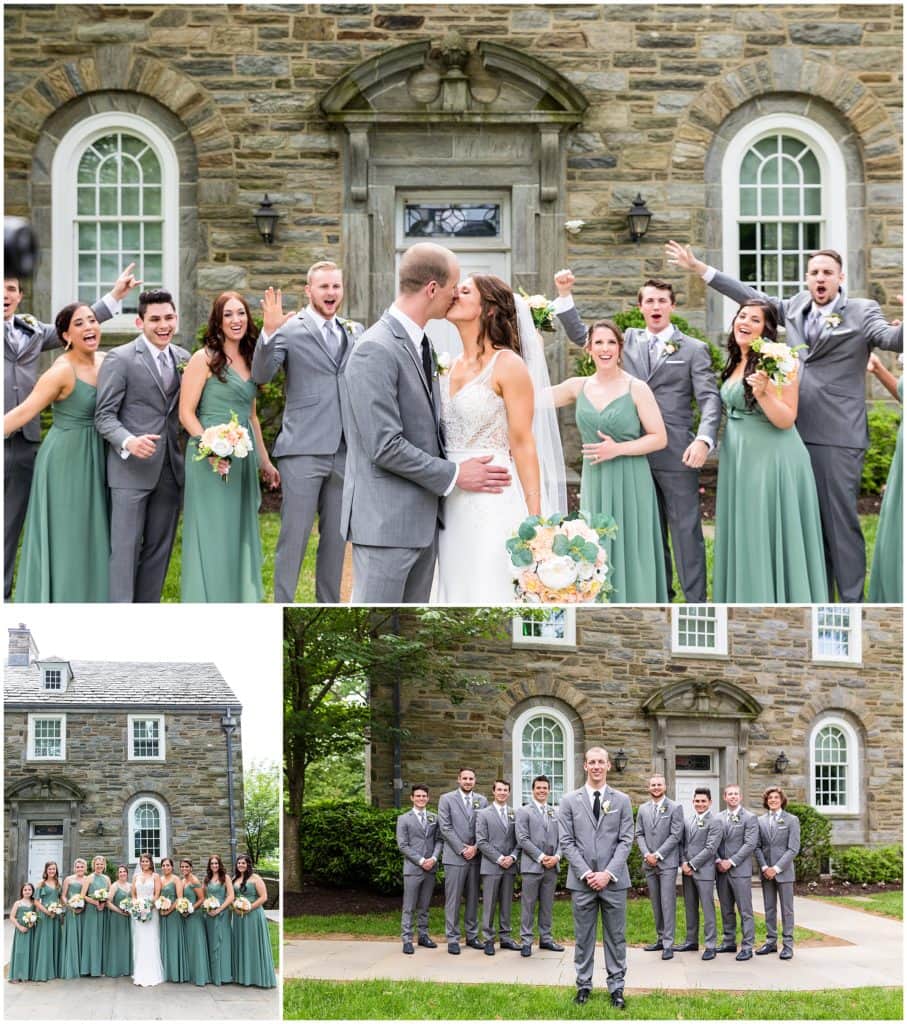 wedding party celebrating kissing bride and groom with green and grey color palette