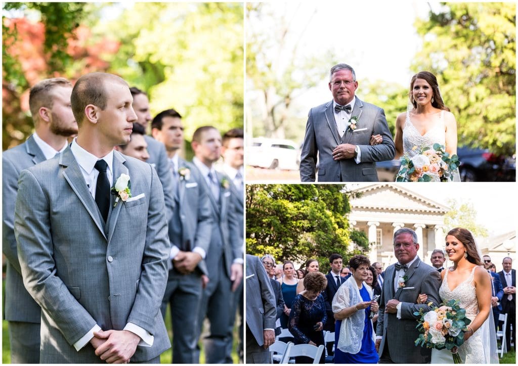 groom watching his bride and her father walk down the aisle to him