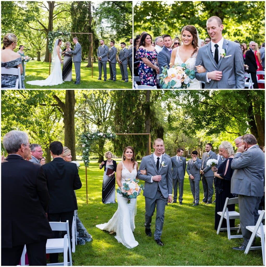 bride and groom exchanging rings and resending aisle as husband and wife