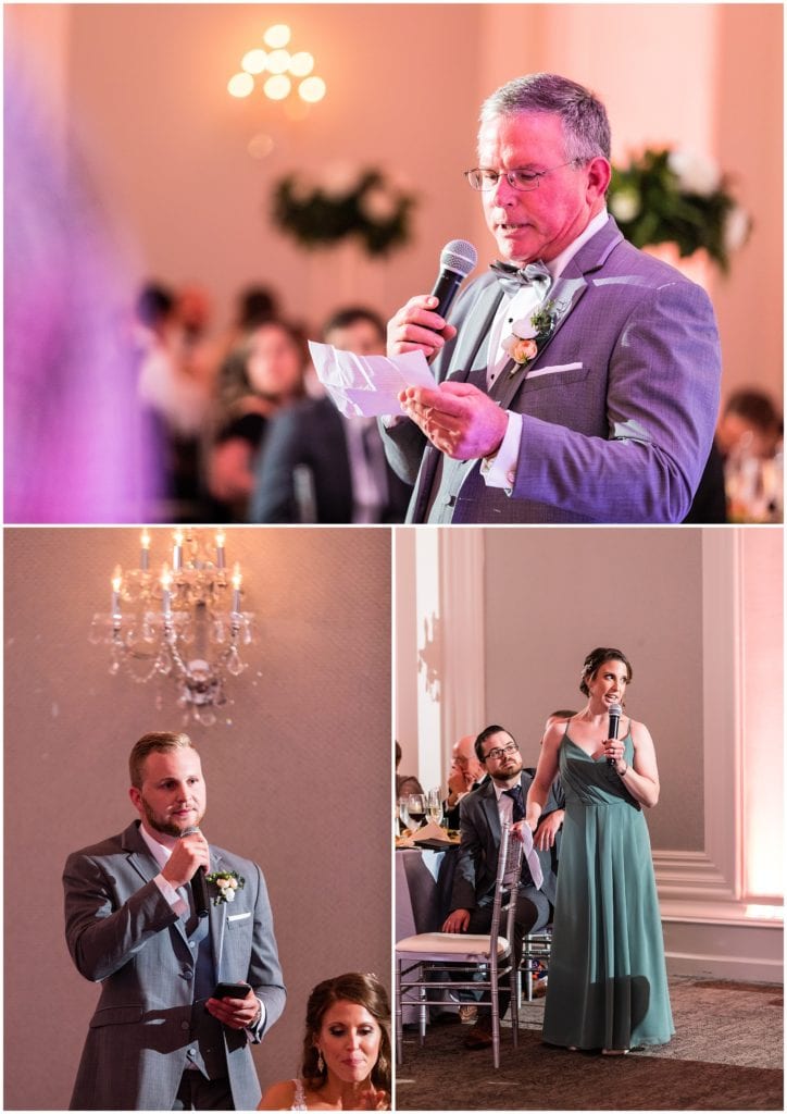 traditional toasts during wedding reception by father, best man, and maid of honor