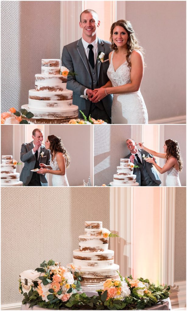 unique frosted wedding cake with florals, bride and groom cutting cake and playfully feeding it to each other