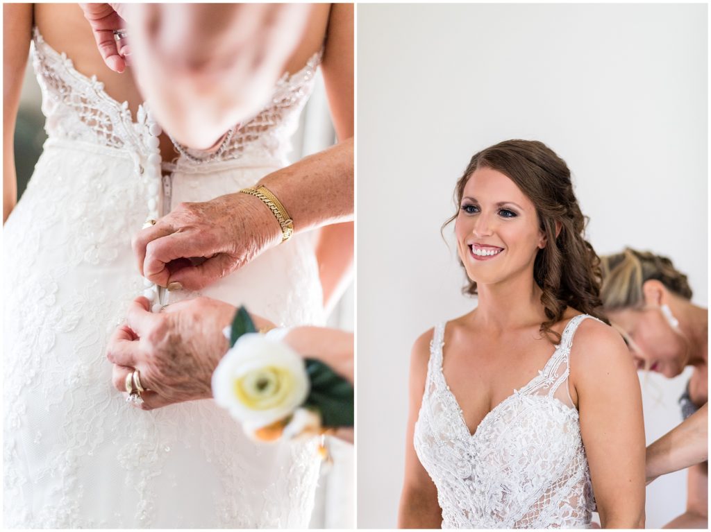 bride getting into her gown with help of her mother