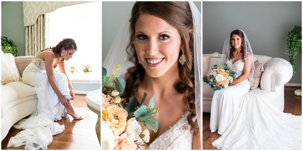 bridal portraits with florals and long train