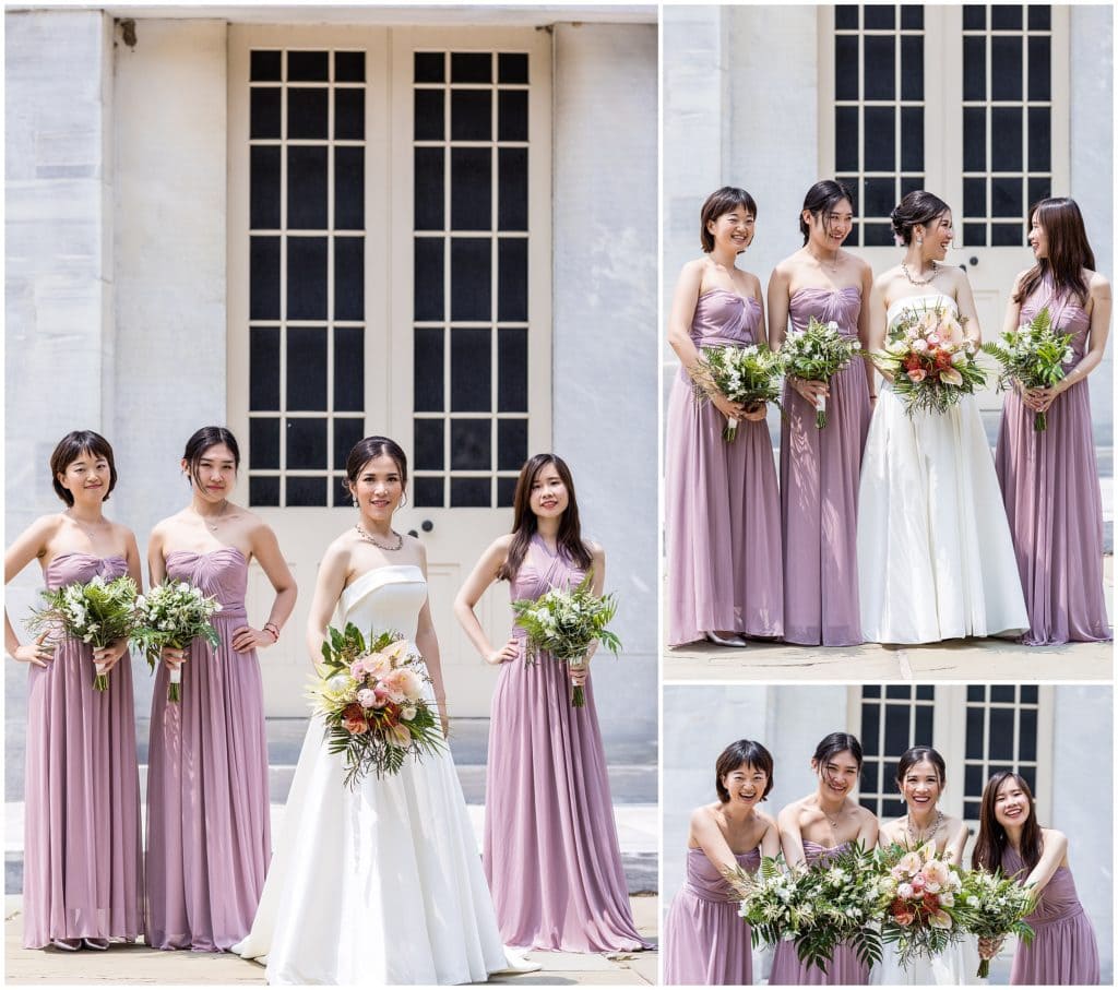bride and bridesmaids portraits outside marble building with purple dresses