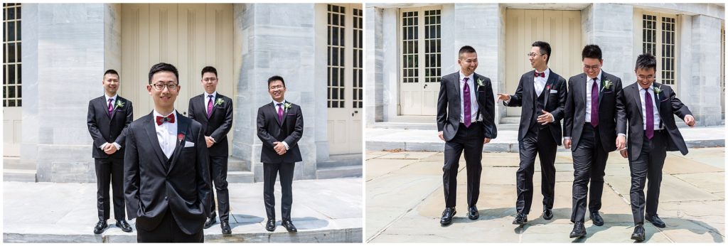 groom and groomsmen portraits in front of marble building, featuring purple ties