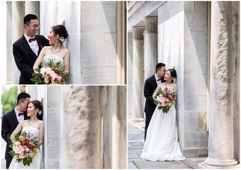 romantic and intimate bride and groom portrait leaning against marble building