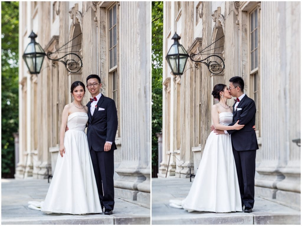 traditional bride and groom portraits outside marble building in Philadelphia