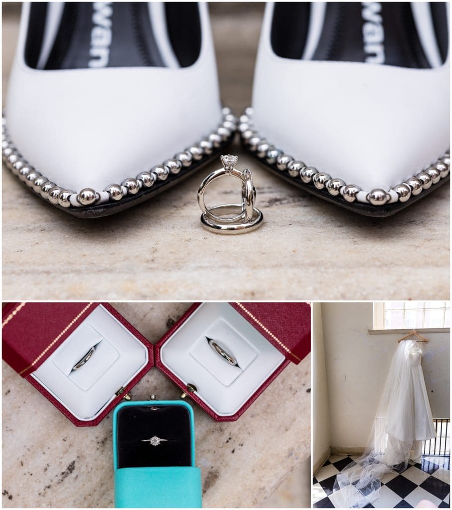 Wedding rings from Tiffany & Co and Cartier, Alexander Wang heels, and BHLDN wedding dress