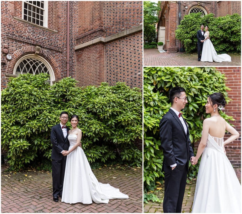traditional bride and groom portraits collage in front of brick building