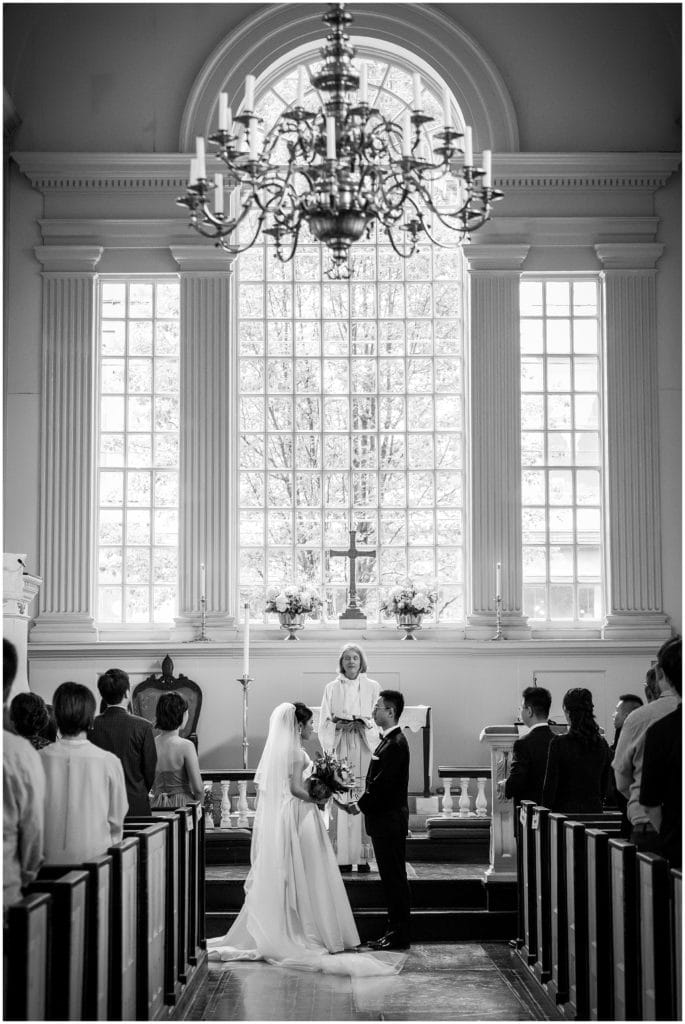 Christ Church of Philadelphia wedding ceremony bride and groom at the alter black and white