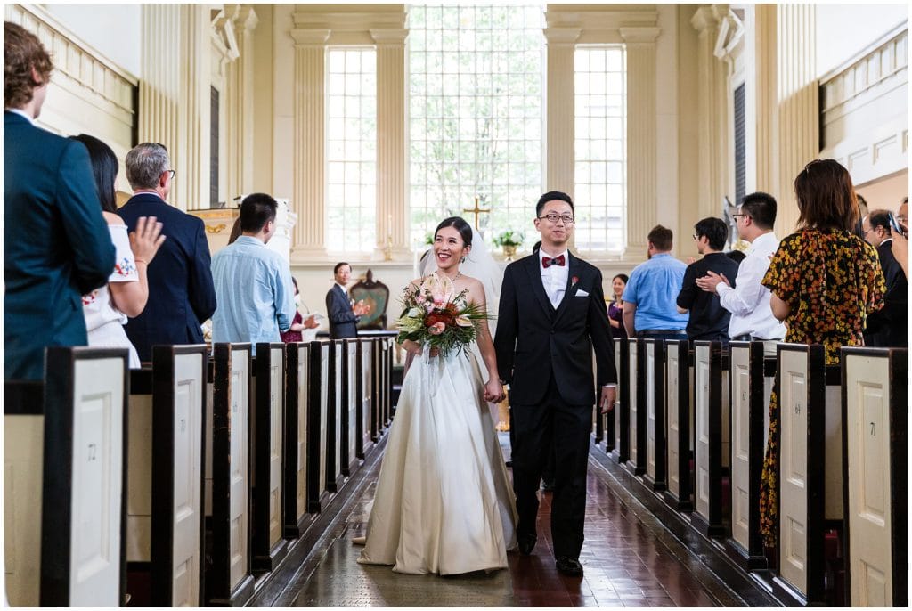 Christ Church of Philadelphia wedding ceremony bride and groom walking up the aisle