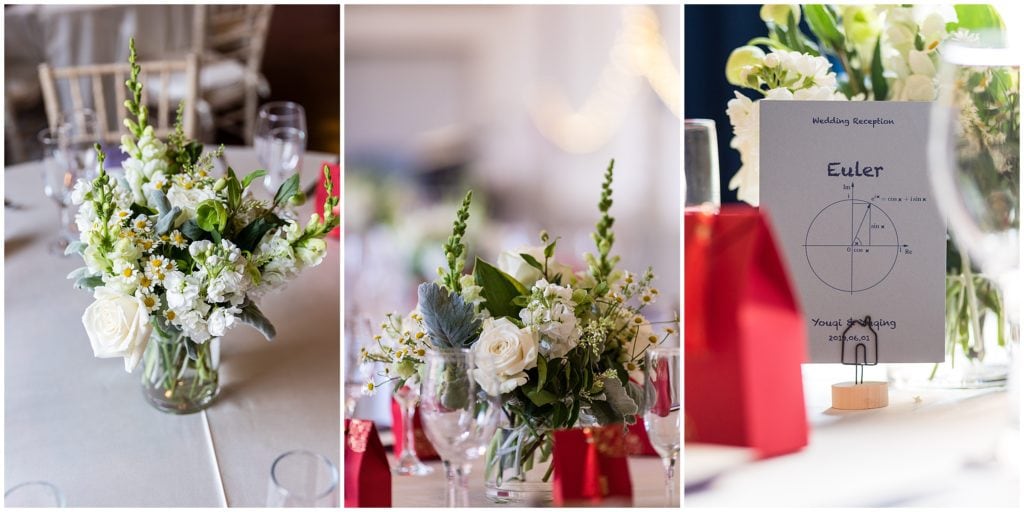 wedding reception math theme table signs and white and green floral center pieces