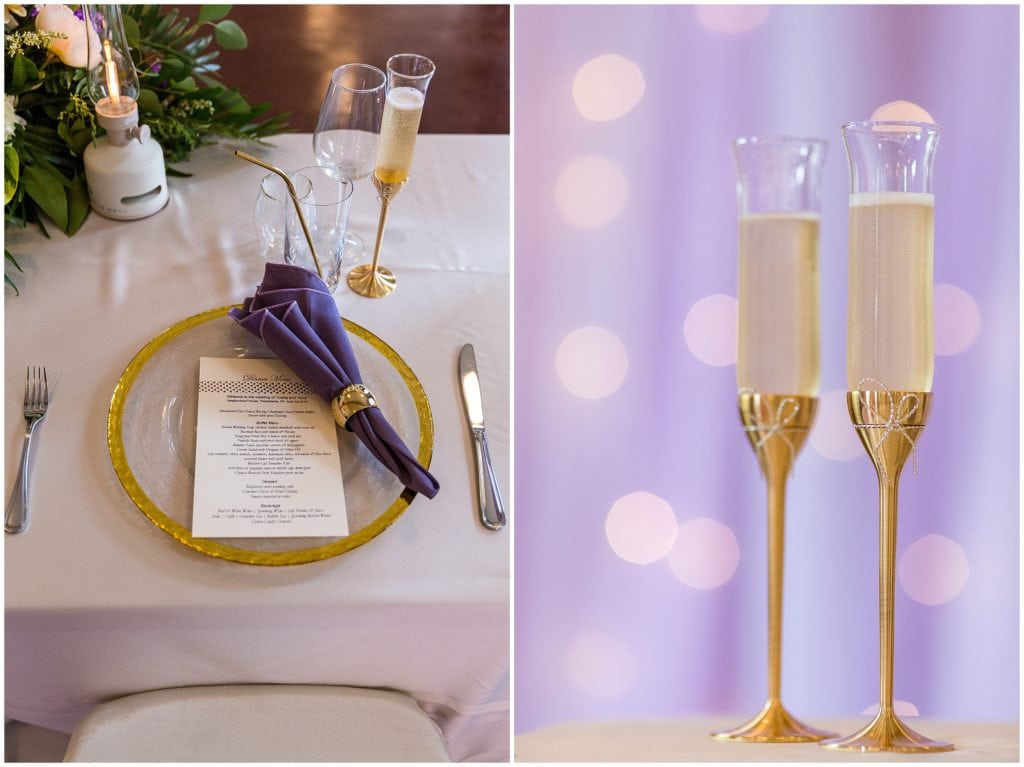 wedding reception table setup with gold and purple color palette