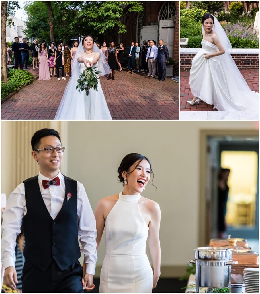 bride tossing bouquet with bridal portrait and bride and groom at reception