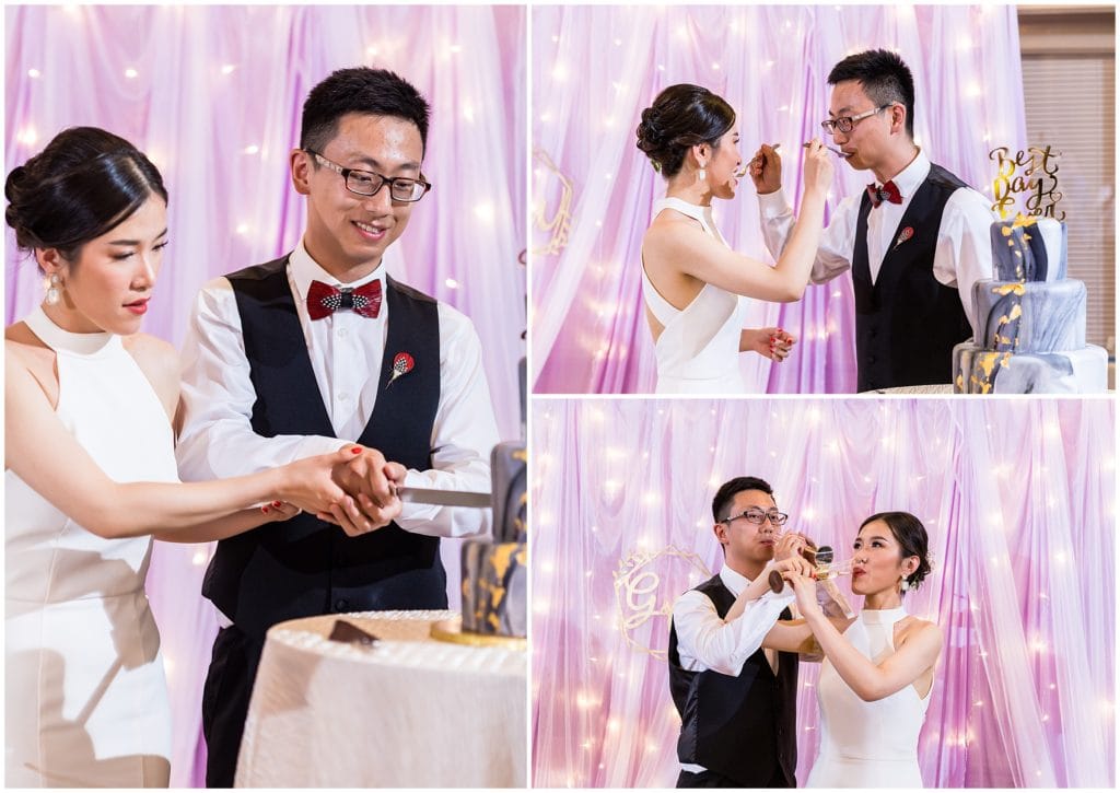 traditional wedding reception bride and groom cutting cake, feeding cake to each other, and drinking champagne