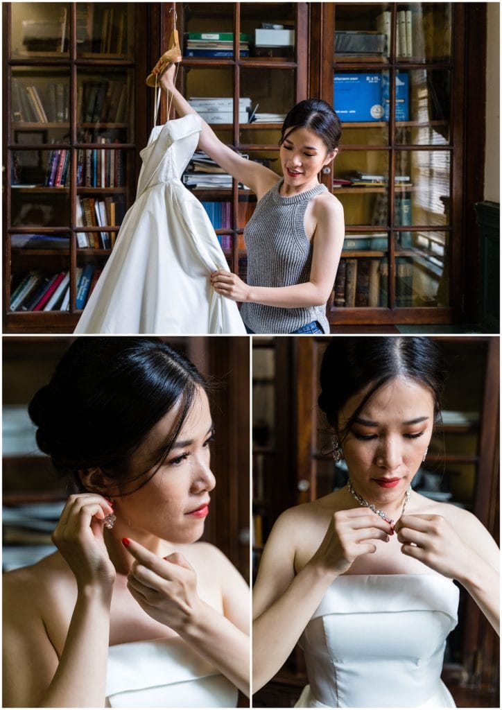 Bride putting on her dress from BHLDN and earrings and necklace on