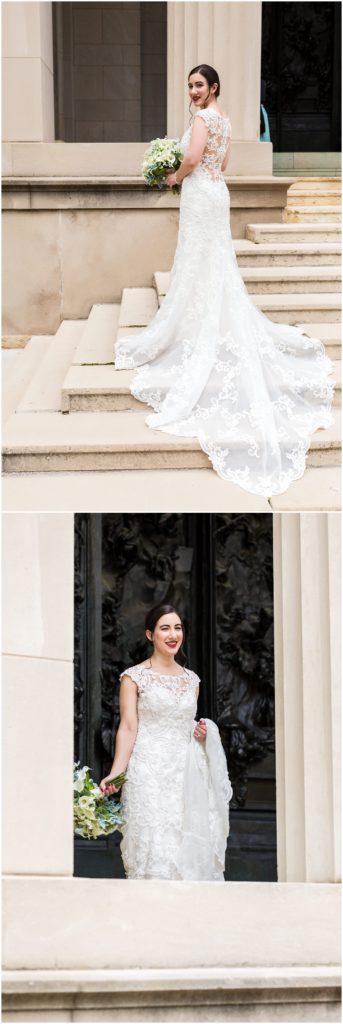 Dramatic outdoor portrait of bride at the Rodin Museum