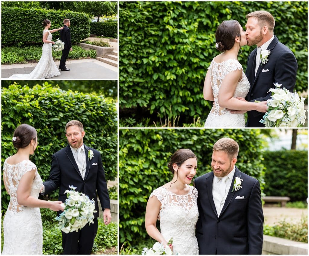 First look between bride and groom in the garden at the Rodin Museum