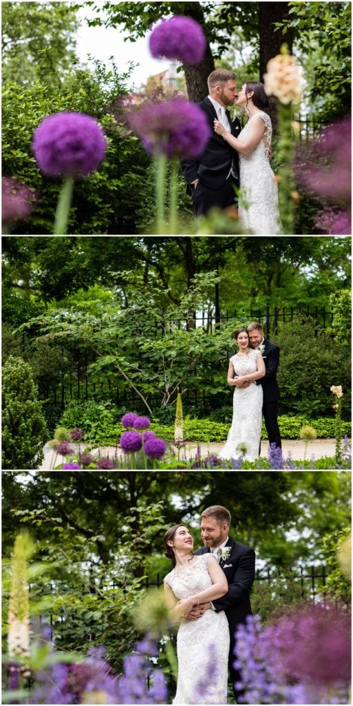 Outdoor romantic portraits of bride and groom with purple flowers in the garden at the Rodin Museum