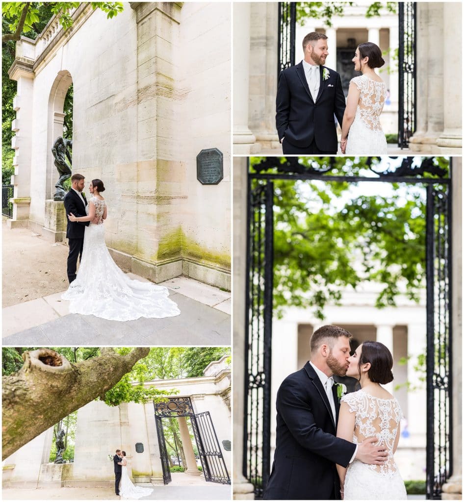 Romantic outdoor portraits of bride and groom at the front gate of the Rodin Museum