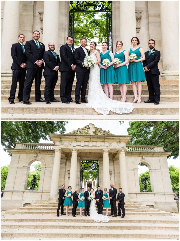 Portraits of wedding party on the front steps of the Rodin Museum