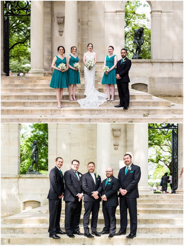 Wedding party portraits on the stairs of the Rodin Museum
