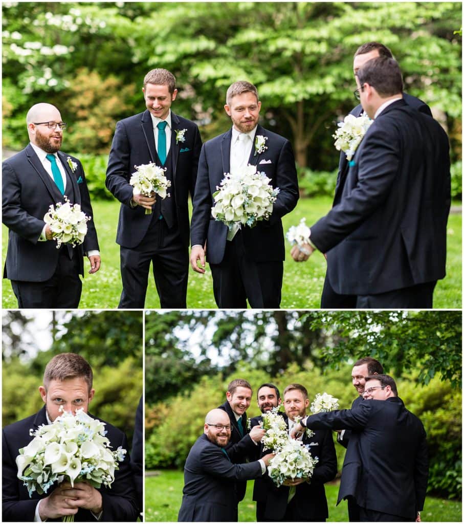Groom and groomsmen holding the bridesmaids bouquets