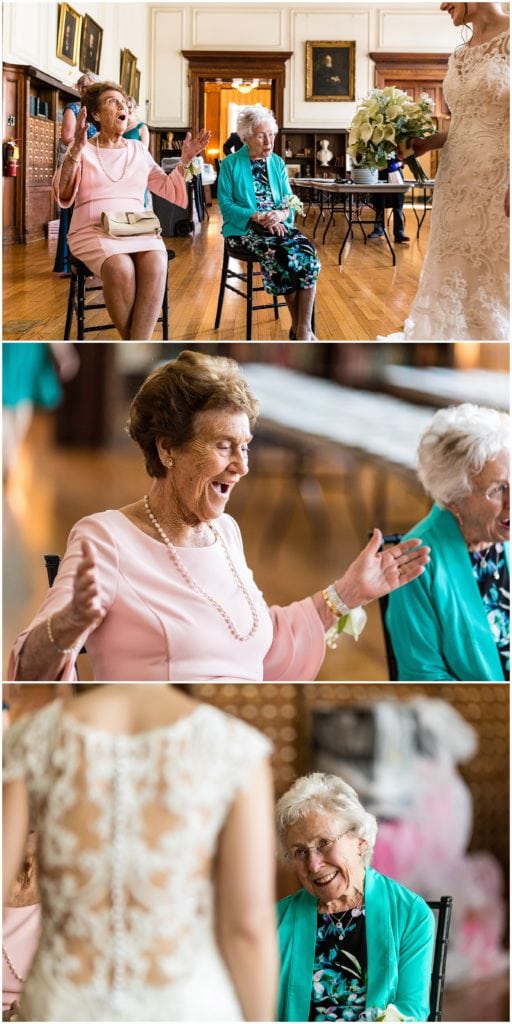 Bride's grandmothers seeing her for the first time on her wedding day at the College of Physicians