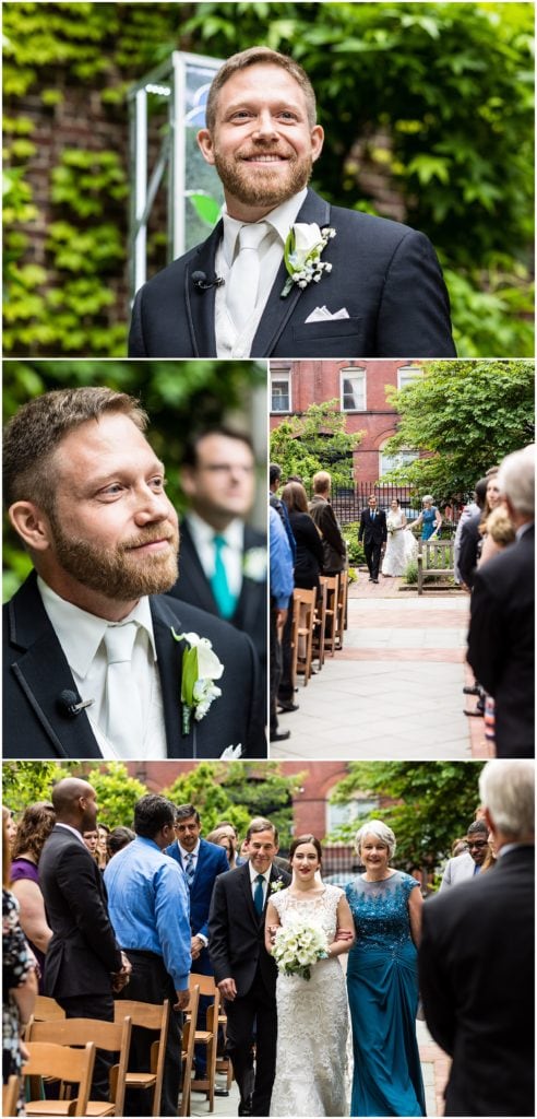 Groom standing at the top of the aisle waiting for his bride, bride walking down the aisle with her parents