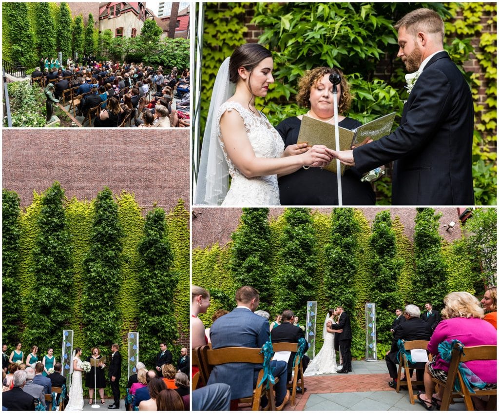 Collage of wedding ceremony outside at the College of Physicians
