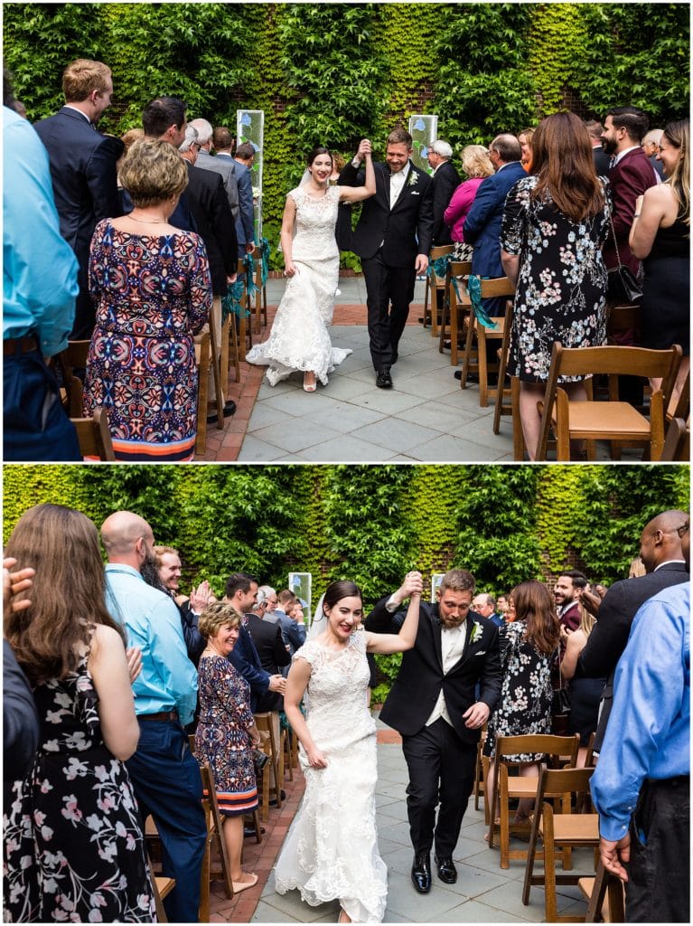 Bride and groom running back up the aisle after their ceremony is over