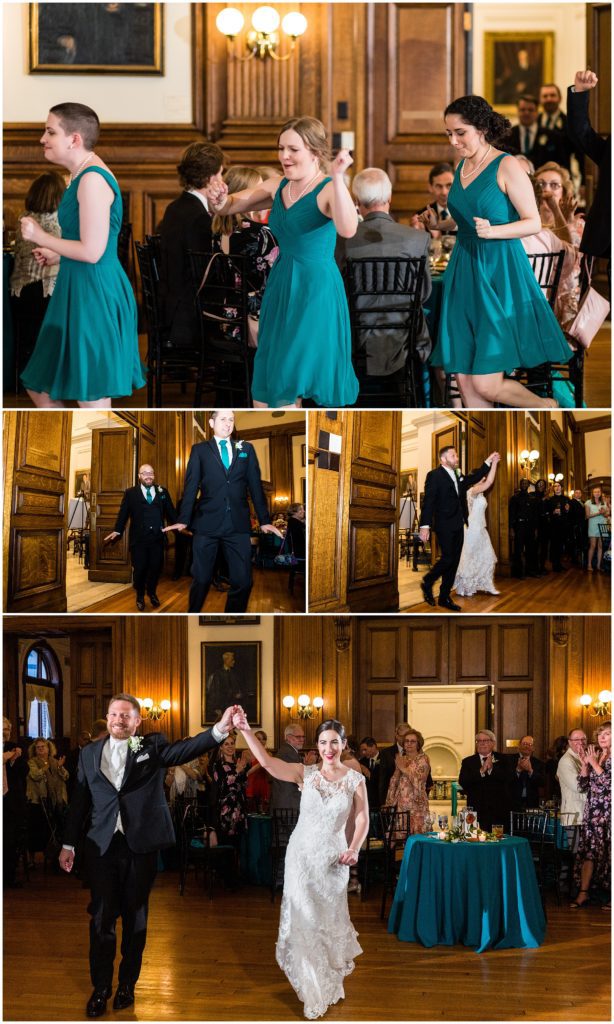 bridal party entering the reception followed by the bride and groom