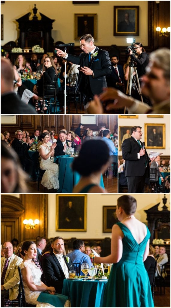 Collage of toasts from father of the bride, best man, and maid of honor