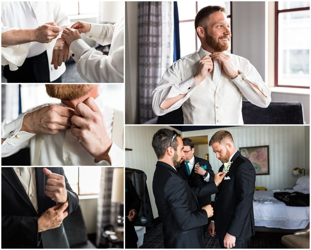 Collage of groom getting ready in his hotel room