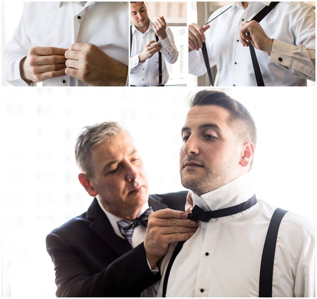 collage of groom getting ready for his wedding at the Lucy by Cescaphe in the neighboring Cambria Hotel