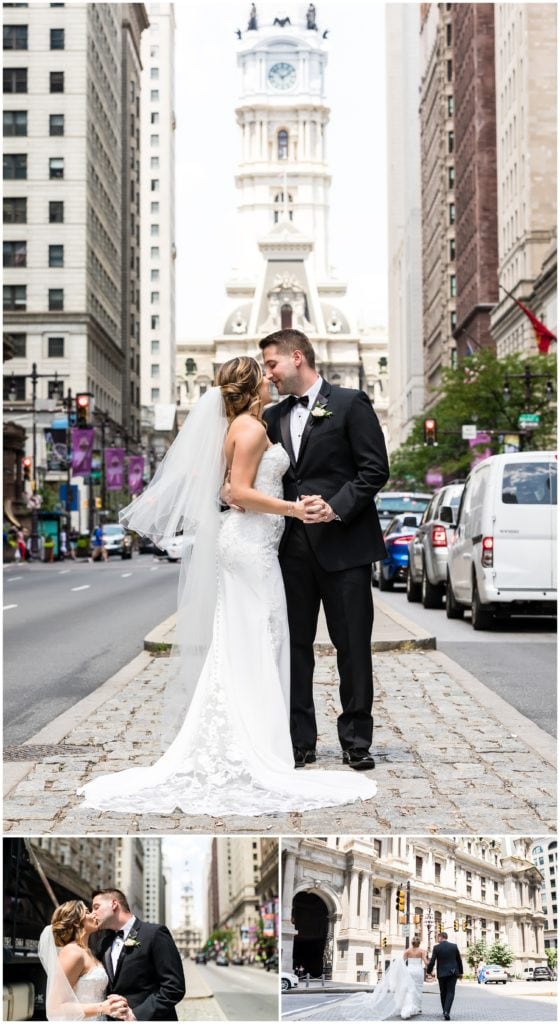 Outdoor bride and groom portraits in front of City Hall Philadelphia