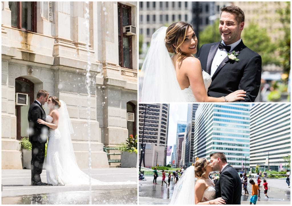 Outdoor portraits of the bride and groom through the water fountains at City Hall and with cityscape in the background
