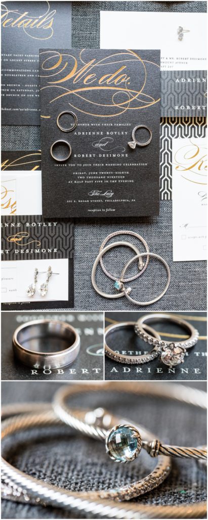Collage of details from bridal prep at the Cambria Hotel, with grey and gold invitation suite wedding bands, and bride's jewelery