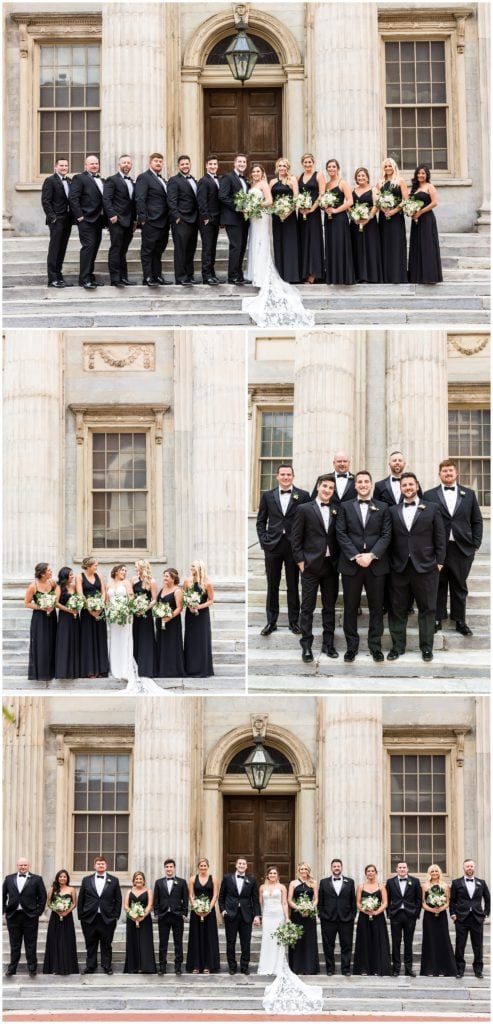 Bridal party portraits in front of marble pillars in Old City