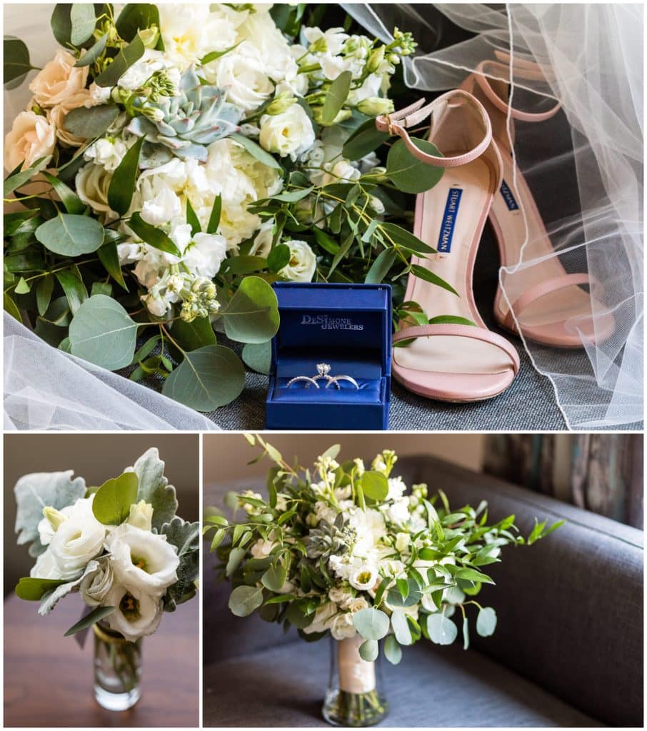 Rings from DeSimone Jewelers in ring box, brides pink shoes, and white flower and greens bouquet at the Cambria Hotel